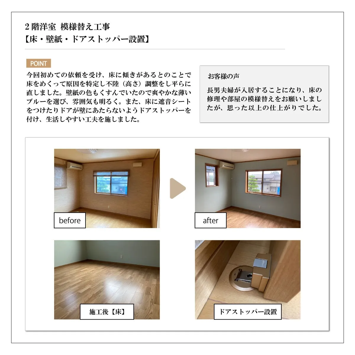 2階洋室 模様替え工事【床・壁紙・ドアストッパー設置】